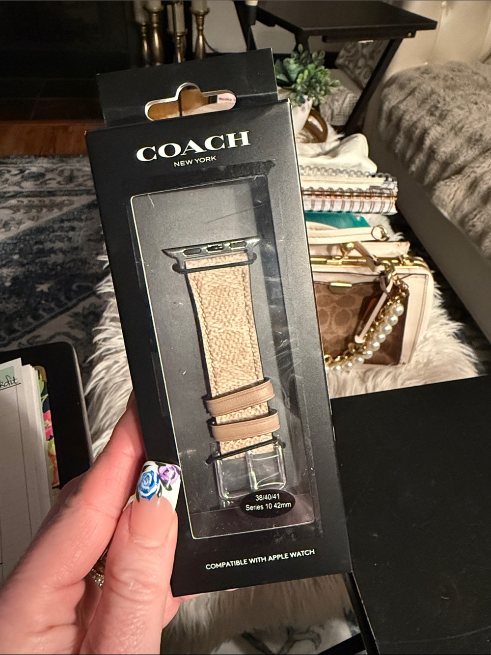 Coach Beige Signature Leather Apple Watch Strap with Tan Trim